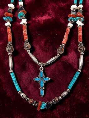 Native American Style Necklace Multi Strand Turquoise Coral Chips Silver Tone